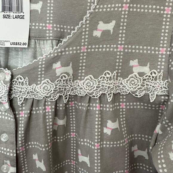 Aria Pajama Gown Scottie Dogs Gray PInk White Embroidered Womens Size L Pullover - Picture 4 of 7